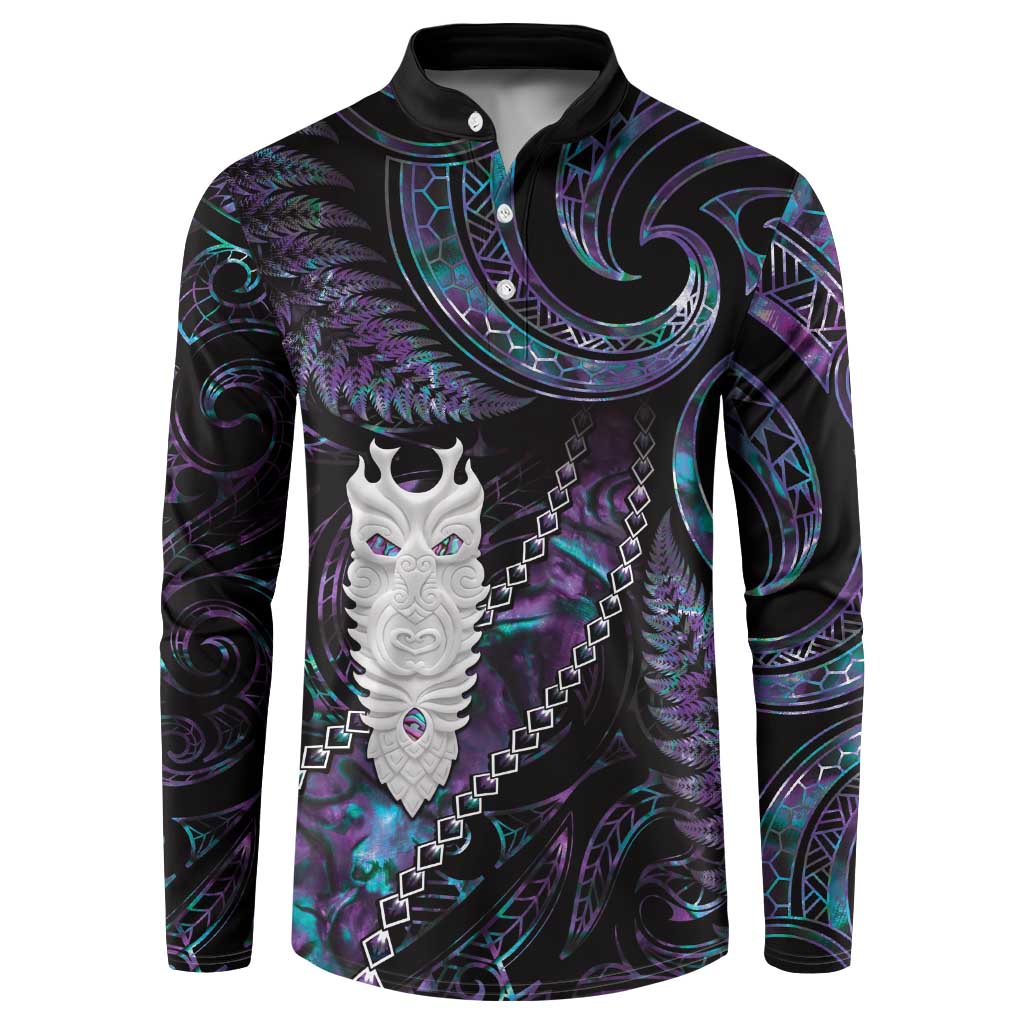 New Zealand Aotearoa Button Sweatshirt Maori Tane Te Waiora Paua Shell Glitter Purple LT05 Purple - Polynesian Pride