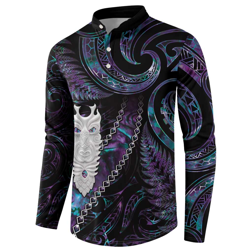 New Zealand Aotearoa Button Sweatshirt Maori Tane Te Waiora Paua Shell Glitter Purple LT05 - Polynesian Pride