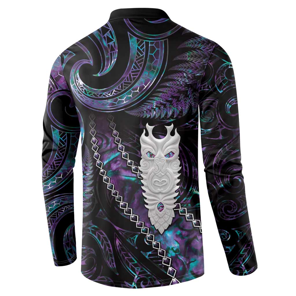 New Zealand Aotearoa Button Sweatshirt Maori Tane Te Waiora Paua Shell Glitter Purple LT05 - Polynesian Pride