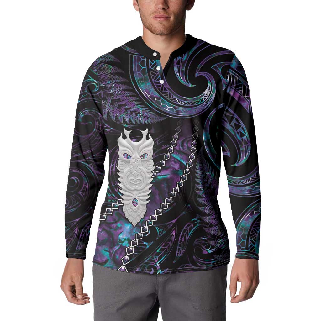 New Zealand Aotearoa Button Sweatshirt Maori Tane Te Waiora Paua Shell Glitter Purple LT05 - Polynesian Pride