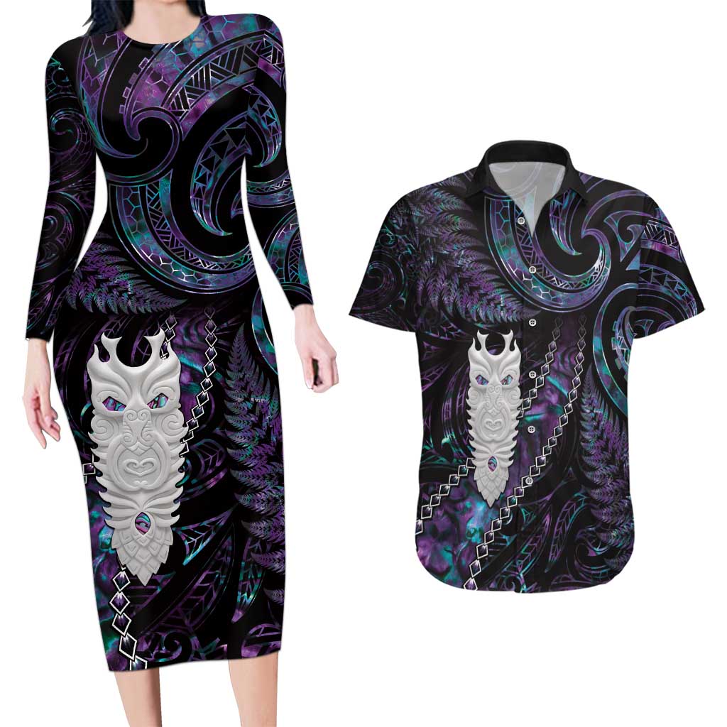 New Zealand Aotearoa Couples Matching Long Sleeve Bodycon Dress and Hawaiian Shirt Maori Tane Te Waiora Paua Shell Glitter Purple