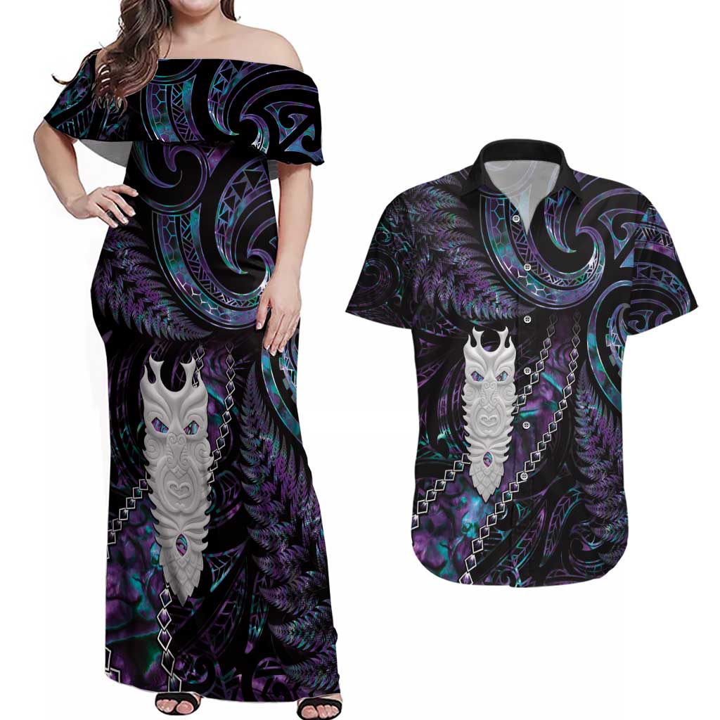 New Zealand Aotearoa Couples Matching Off Shoulder Maxi Dress and Hawaiian Shirt Maori Tane Te Waiora Paua Shell Glitter Purple