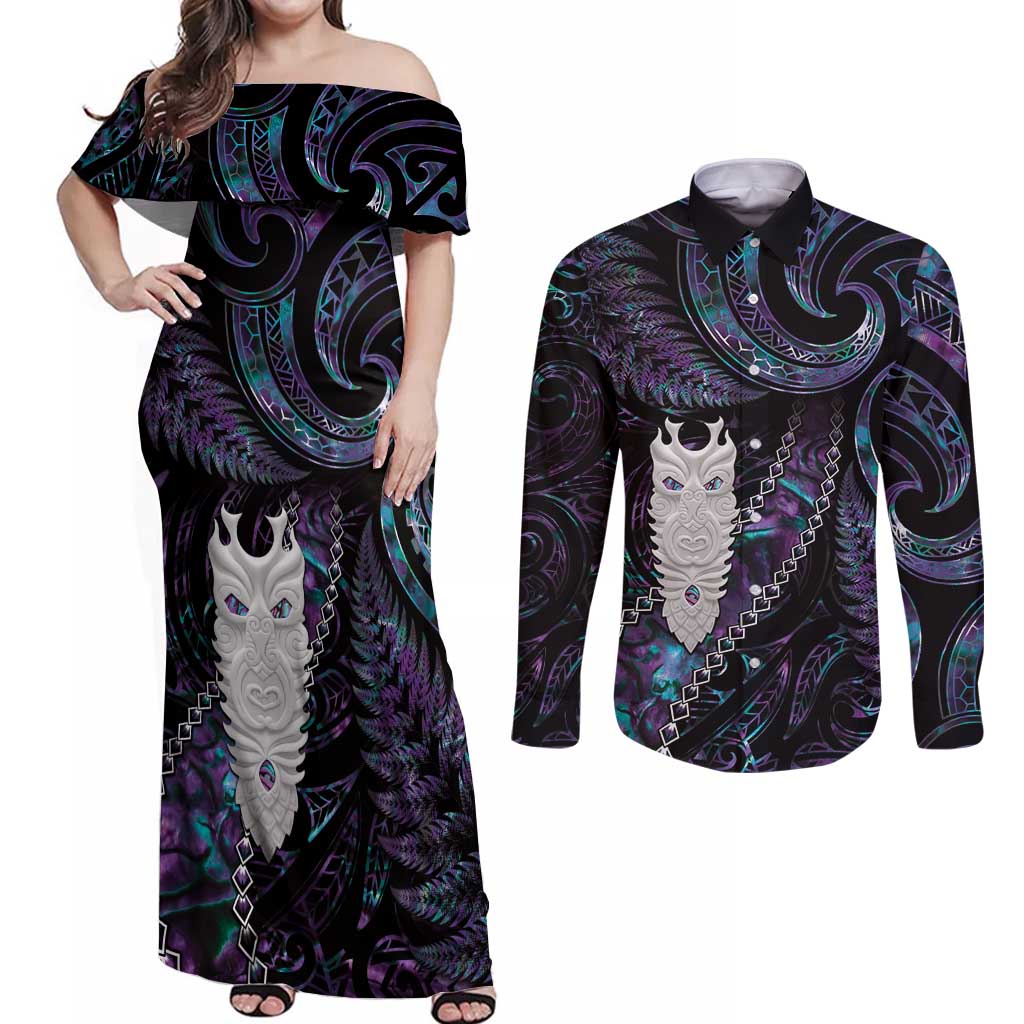 New Zealand Aotearoa Couples Matching Off Shoulder Maxi Dress and Long Sleeve Button Shirt Maori Tane Te Waiora Paua Shell Glitter Purple