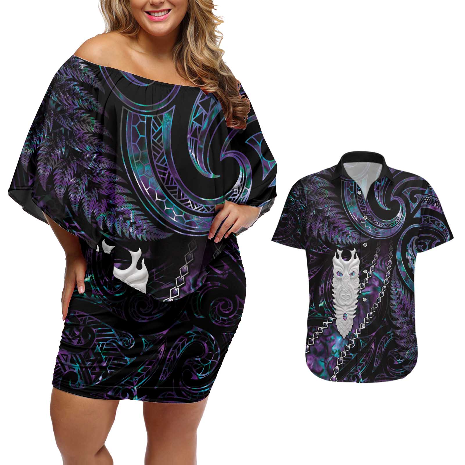 New Zealand Aotearoa Couples Matching Off Shoulder Short Dress and Hawaiian Shirt Maori Tane Te Waiora Paua Shell Glitter Purple