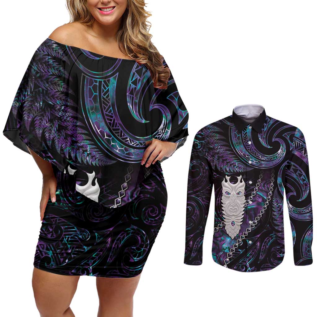 New Zealand Aotearoa Couples Matching Off Shoulder Short Dress and Long Sleeve Button Shirt Maori Tane Te Waiora Paua Shell Glitter Purple