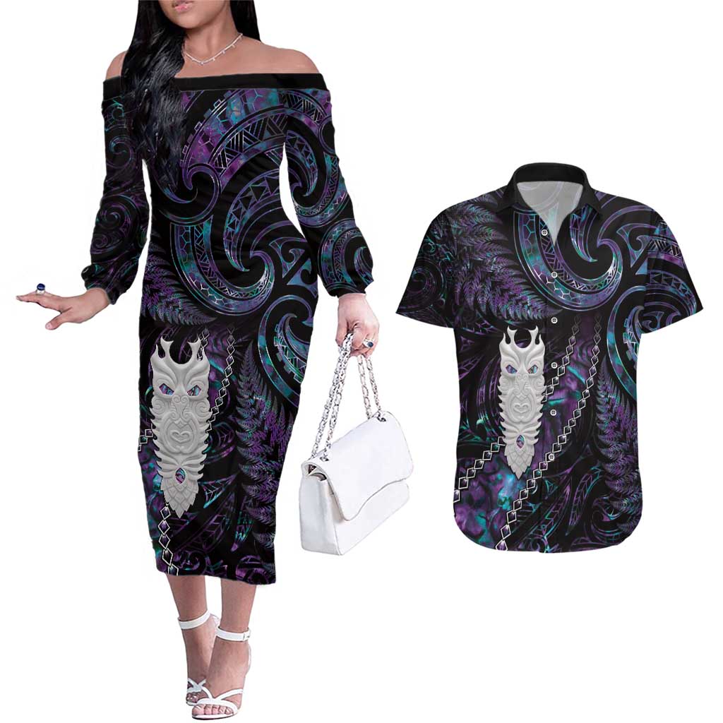 New Zealand Aotearoa Couples Matching Off The Shoulder Long Sleeve Dress and Hawaiian Shirt Maori Tane Te Waiora Paua Shell Glitter Purple LT05 Purple - Polynesian Pride