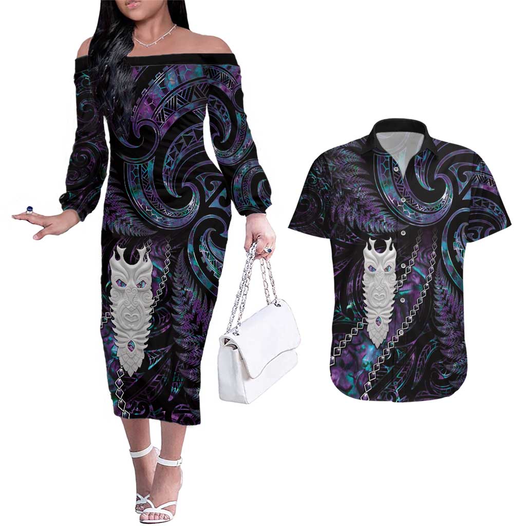 New Zealand Aotearoa Couples Matching Off The Shoulder Long Sleeve Dress and Hawaiian Shirt Maori Tane Te Waiora Paua Shell Glitter Purple