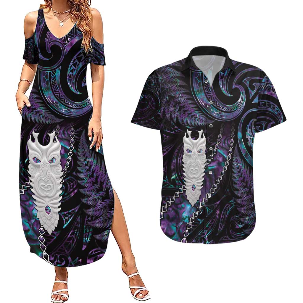 New Zealand Aotearoa Couples Matching Summer Maxi Dress and Hawaiian Shirt Maori Tane Te Waiora Paua Shell Glitter Purple