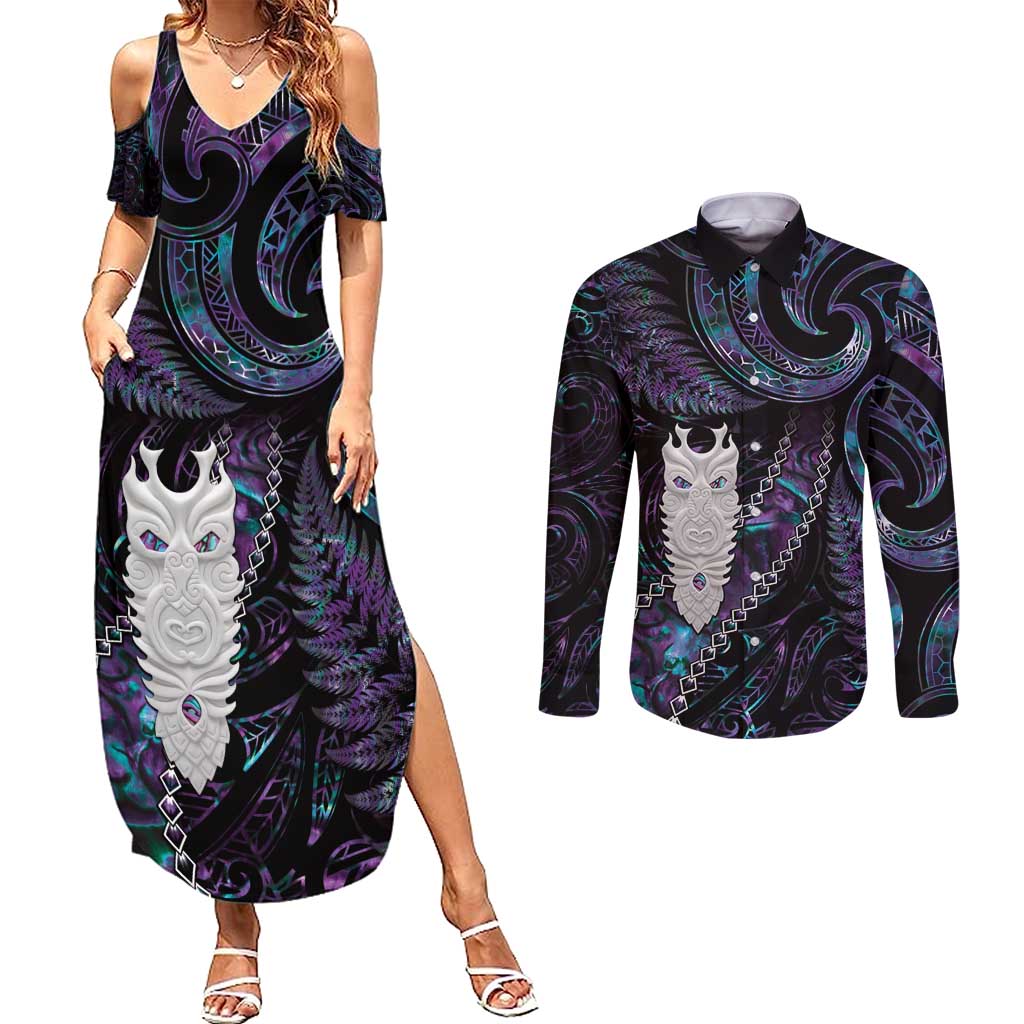 New Zealand Aotearoa Couples Matching Summer Maxi Dress and Long Sleeve Button Shirt Maori Tane Te Waiora Paua Shell Glitter Purple LT05 Purple - Polynesian Pride