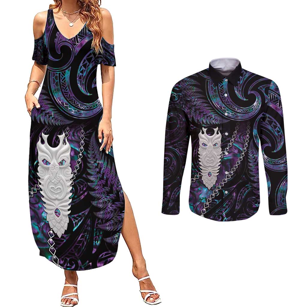 New Zealand Aotearoa Couples Matching Summer Maxi Dress and Long Sleeve Button Shirt Maori Tane Te Waiora Paua Shell Glitter Purple