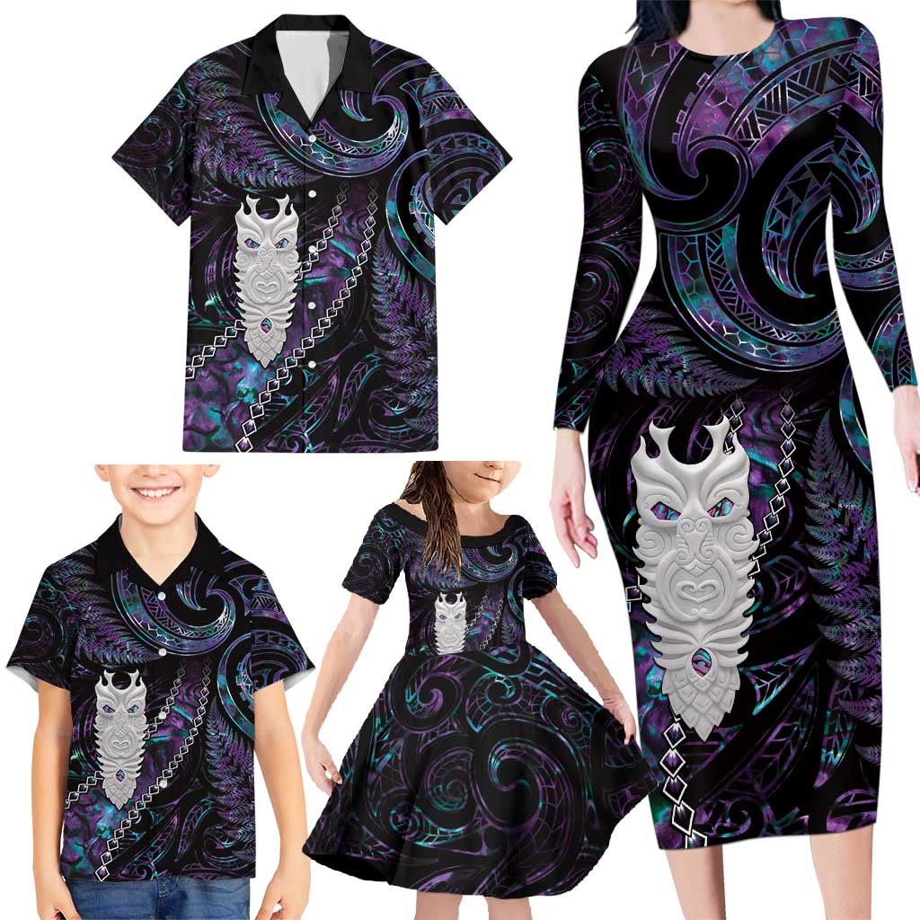 New Zealand Aotearoa Family Matching Long Sleeve Bodycon Dress and Hawaiian Shirt Maori Tane Te Waiora Paua Shell Glitter Purple LT05 - Polynesian Pride