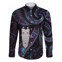 New Zealand Aotearoa Family Matching Off The Shoulder Long Sleeve Dress and Hawaiian Shirt Maori Tane Te Waiora Paua Shell Glitter Purple