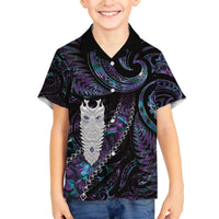 New Zealand Aotearoa Family Matching Off The Shoulder Long Sleeve Dress and Hawaiian Shirt Maori Tane Te Waiora Paua Shell Glitter Purple