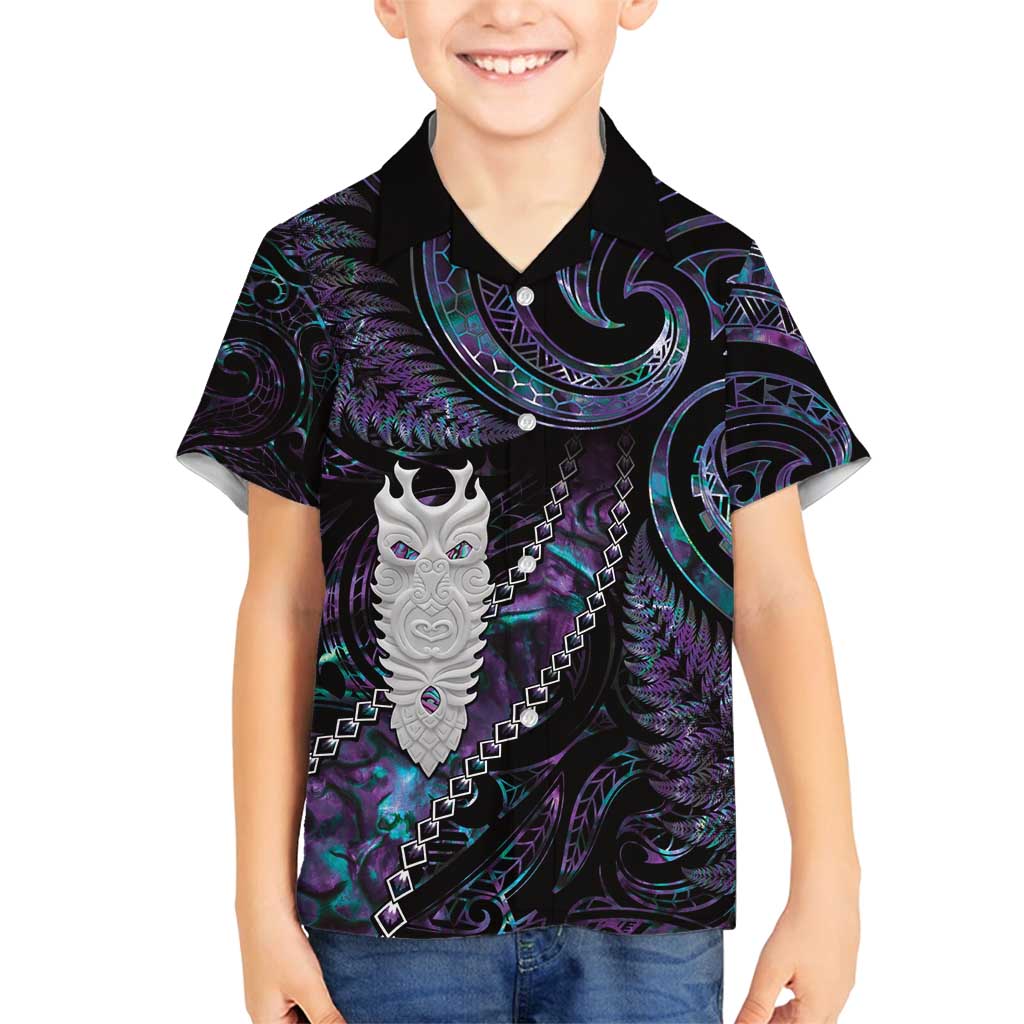 New Zealand Aotearoa Family Matching Off Shoulder Maxi Dress and Hawaiian Shirt Maori Tane Te Waiora Paua Shell Glitter Purple
