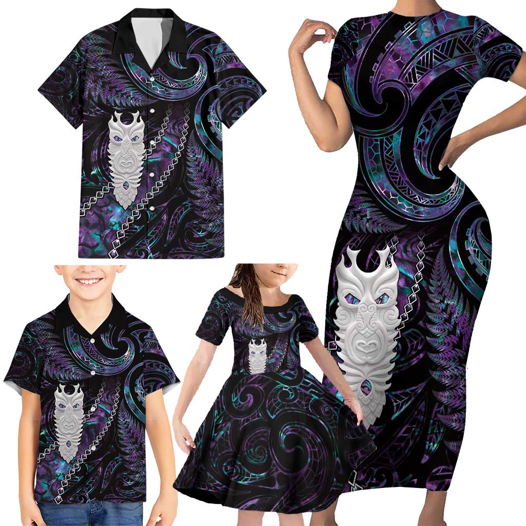 New Zealand Aotearoa Family Matching Short Sleeve Bodycon Dress and Hawaiian Shirt Maori Tane Te Waiora Paua Shell Glitter Purple