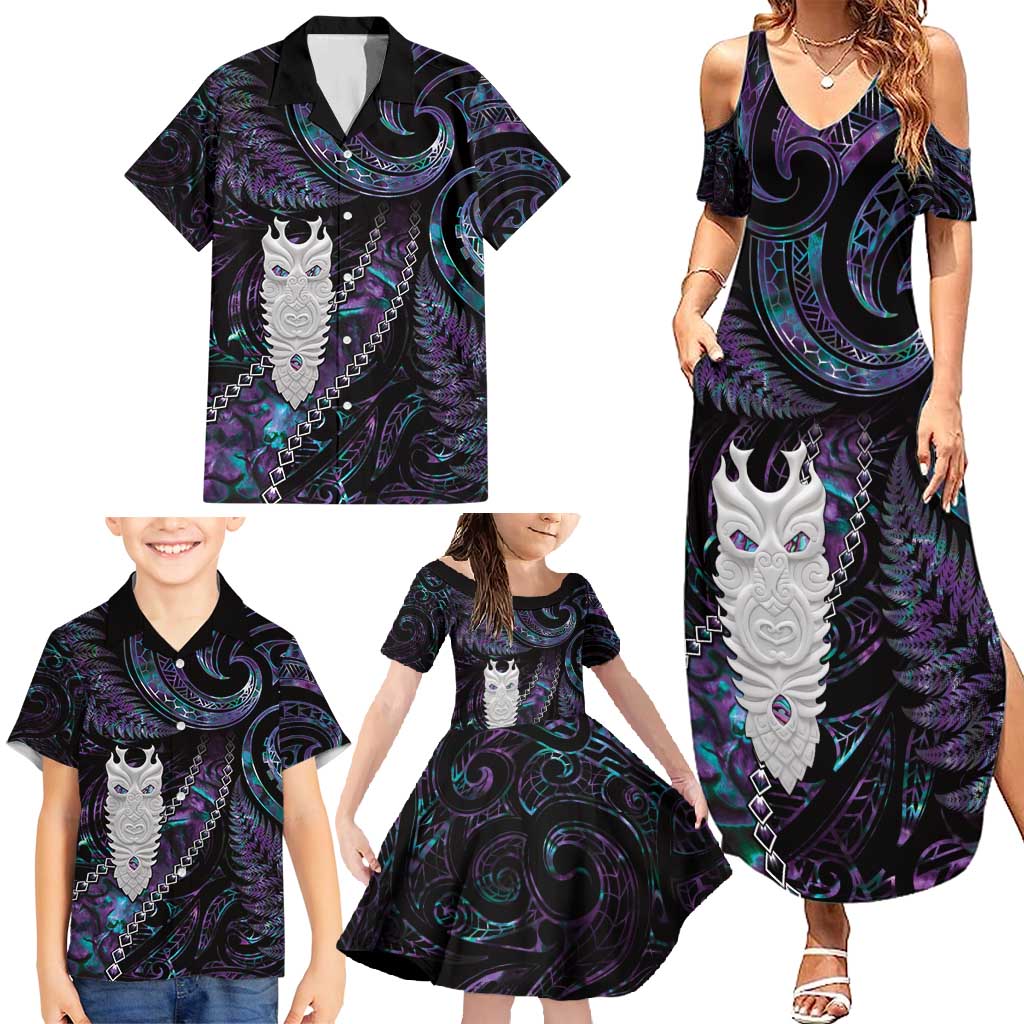 New Zealand Aotearoa Family Matching Summer Maxi Dress and Hawaiian Shirt Maori Tane Te Waiora Paua Shell Glitter Purple