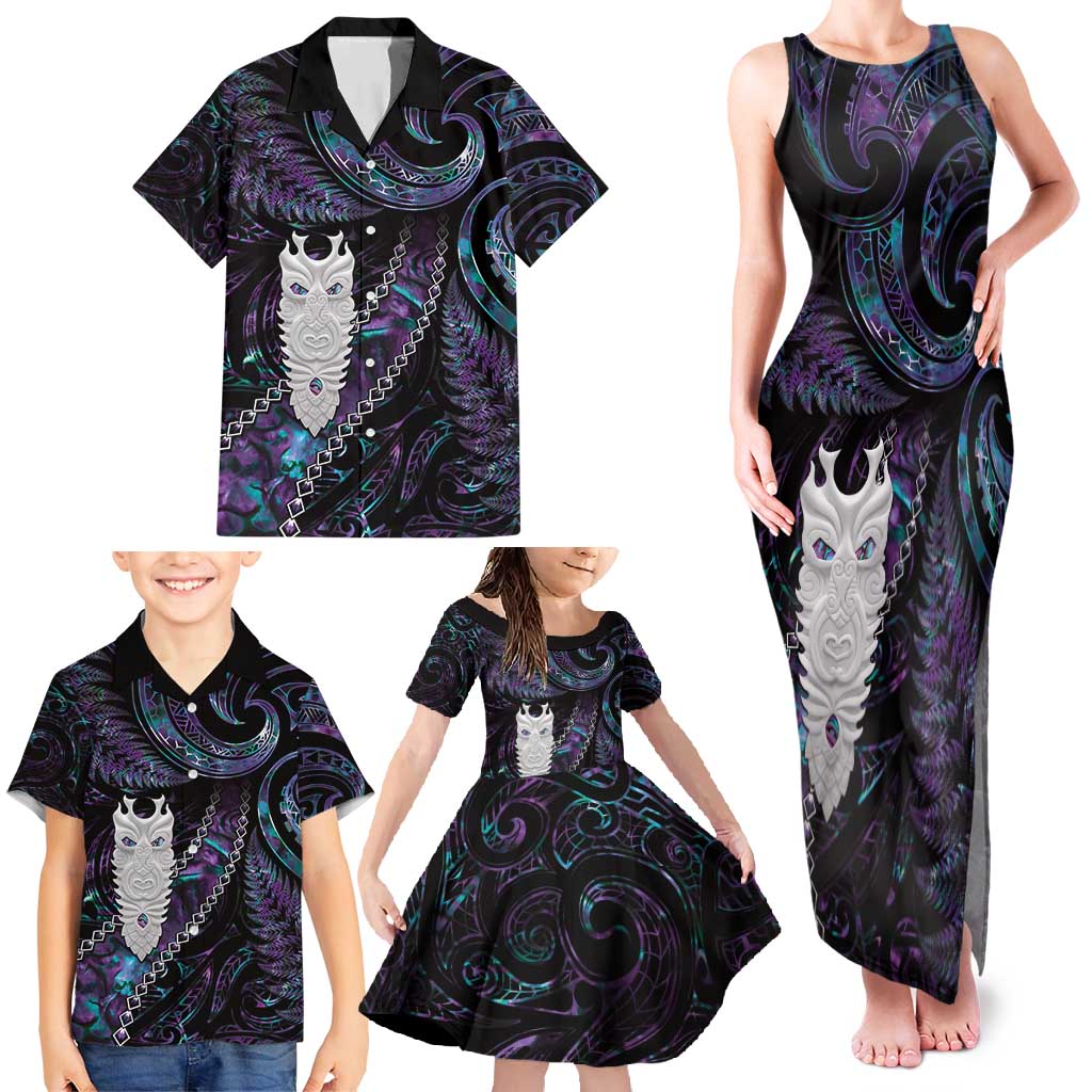 New Zealand Aotearoa Family Matching Tank Maxi Dress and Hawaiian Shirt Maori Tane Te Waiora Paua Shell Glitter Purple