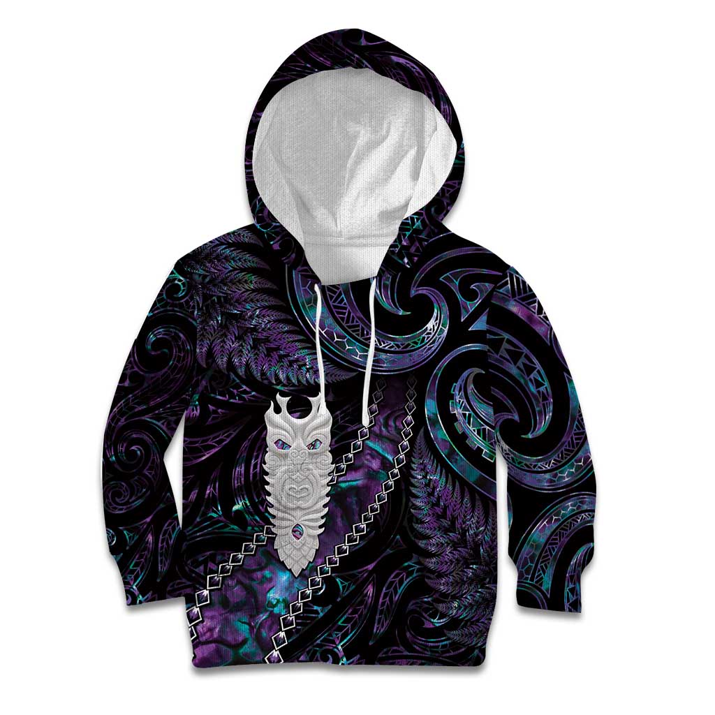 New Zealand Aotearoa Kid Hoodie Maori Tane Te Waiora Paua Shell Glitter Purple