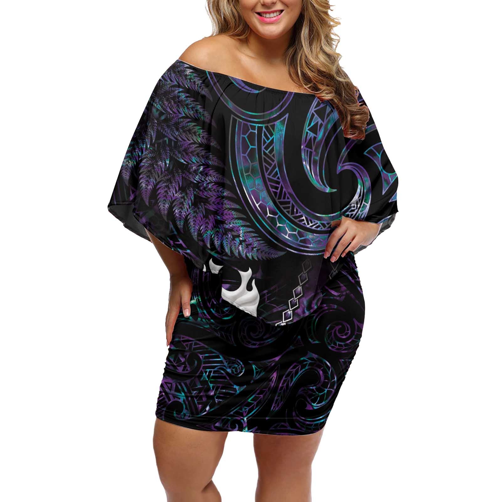 New Zealand Aotearoa Off Shoulder Short Dress Maori Tane Te Waiora Paua Shell Glitter Purple