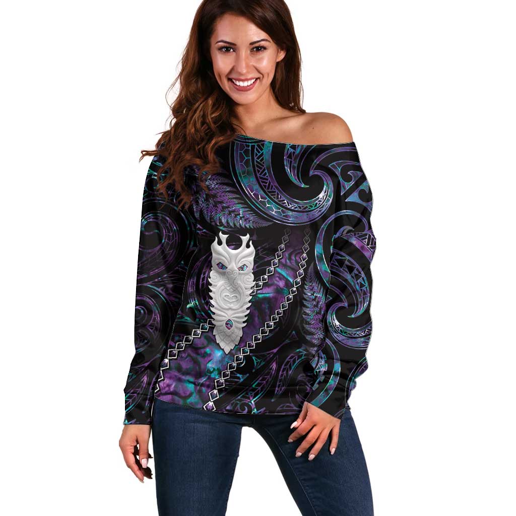 New Zealand Aotearoa Off Shoulder Sweater Maori Tane Te Waiora Paua Shell Glitter Purple