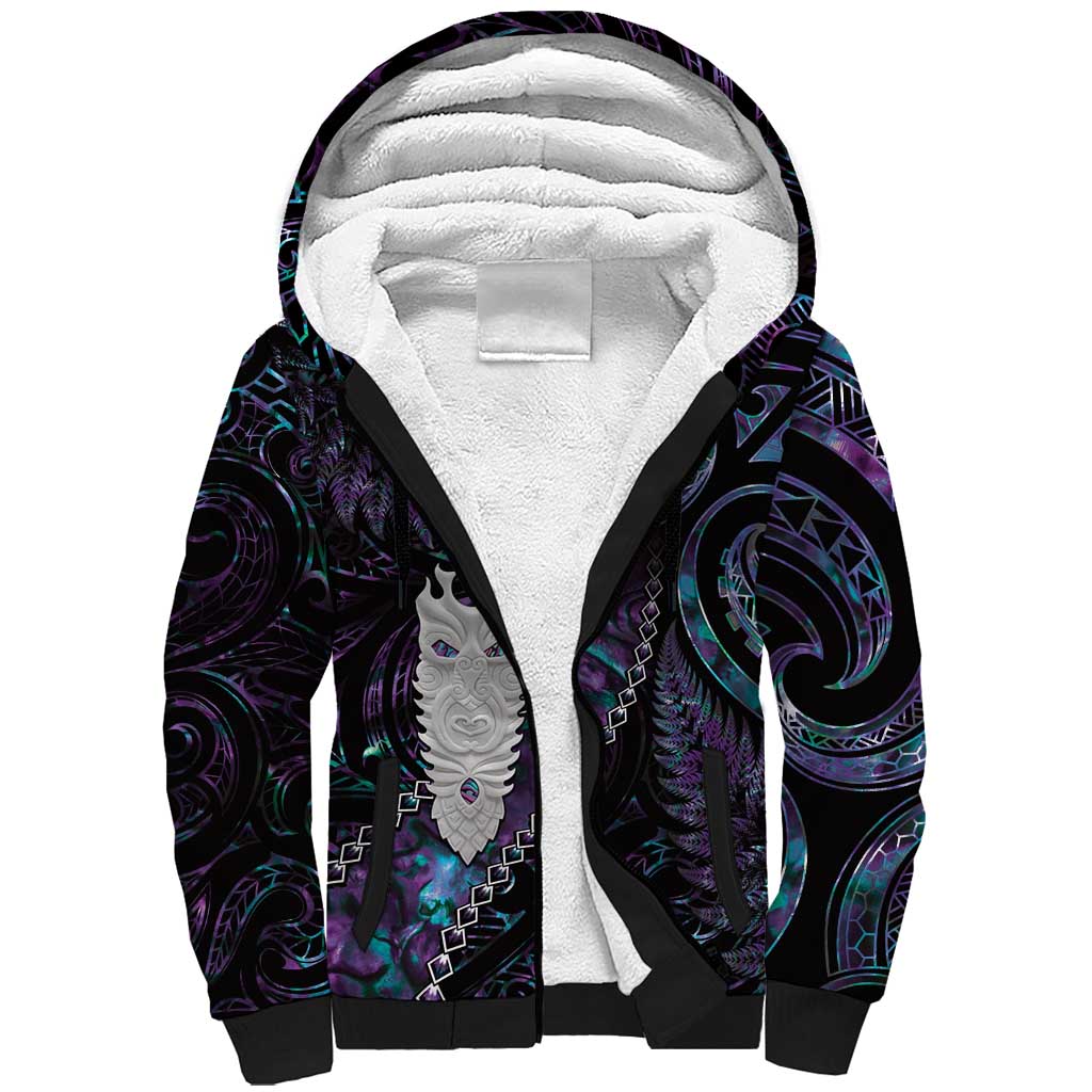 New Zealand Aotearoa Sherpa Hoodie Maori Tane Te Waiora Paua Shell Glitter Purple