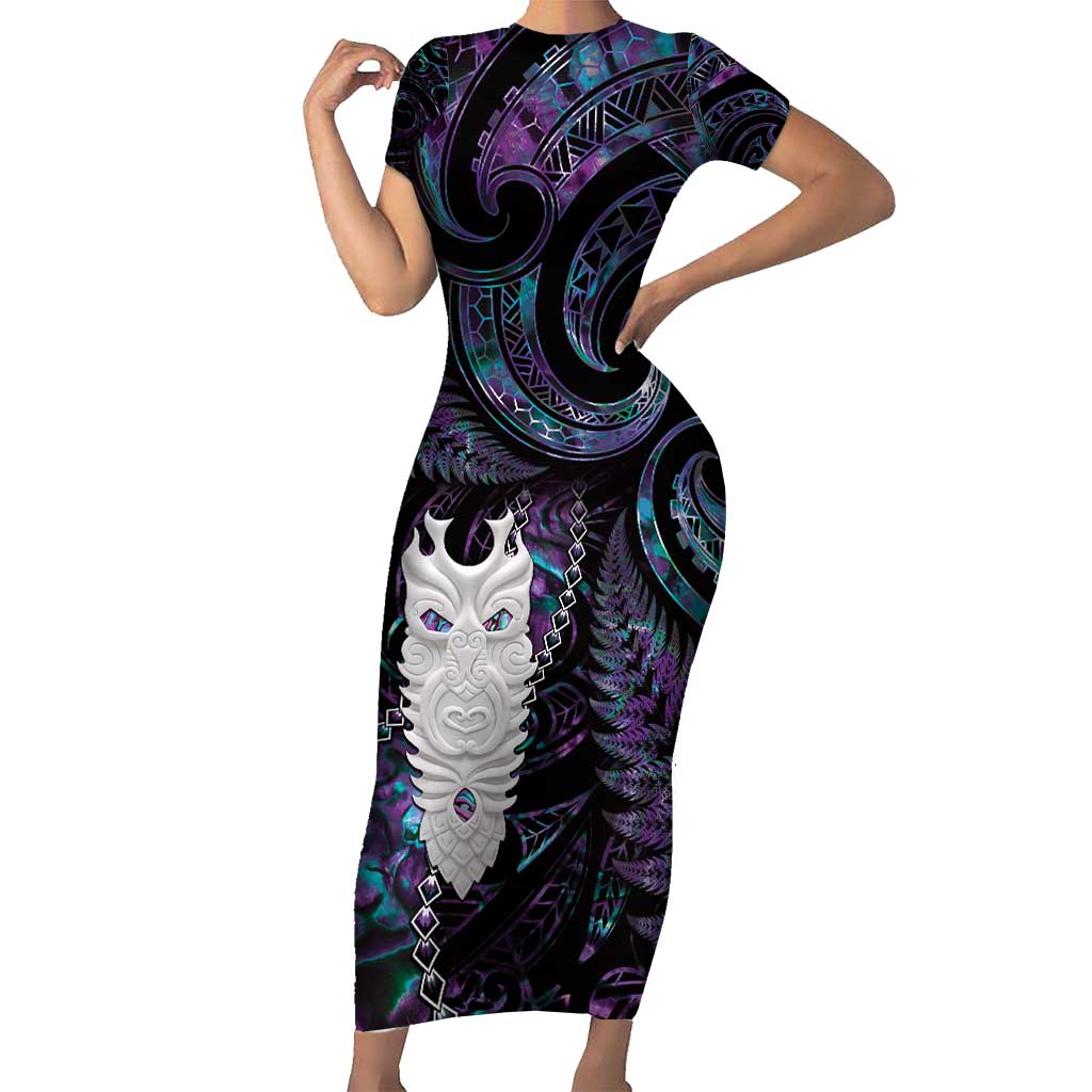 New Zealand Aotearoa Short Sleeve Bodycon Dress Maori Tane Te Waiora Paua Shell Glitter Purple