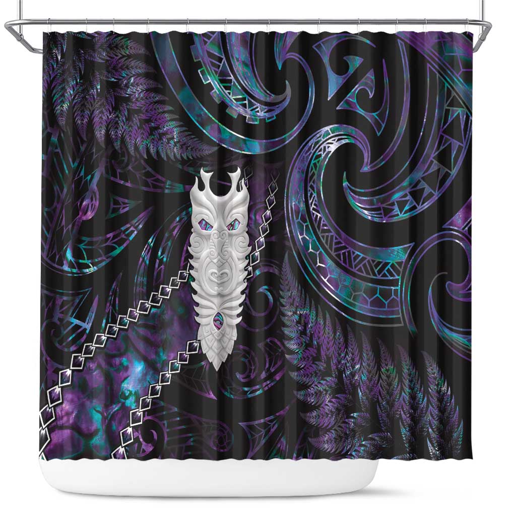 New Zealand Aotearoa Shower Curtain Maori Tane Te Waiora Paua Shell Glitter Purple