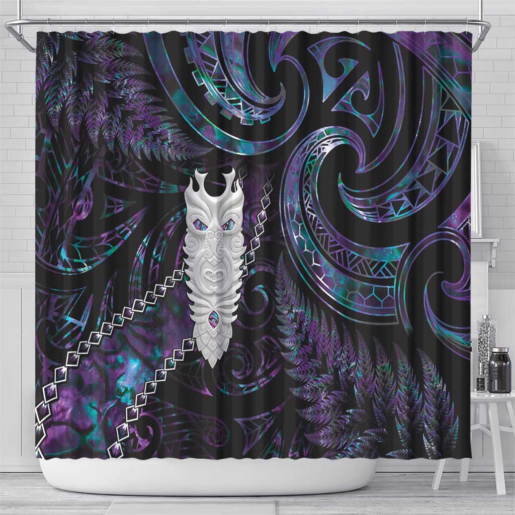 New Zealand Aotearoa Shower Curtain Maori Tane Te Waiora Paua Shell Glitter Purple