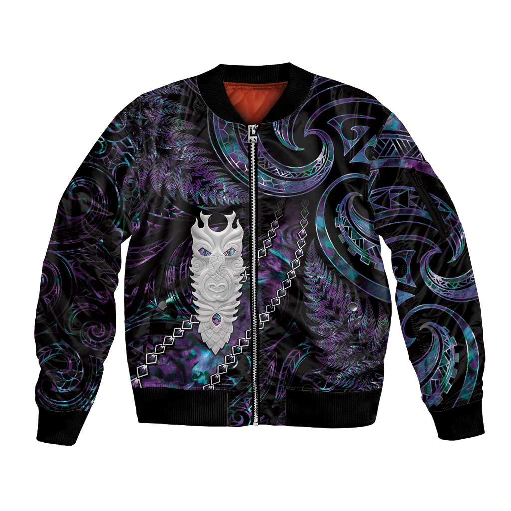 New Zealand Aotearoa Sleeve Zip Bomber Jacket Maori Tane Te Waiora Paua Shell Glitter Purple