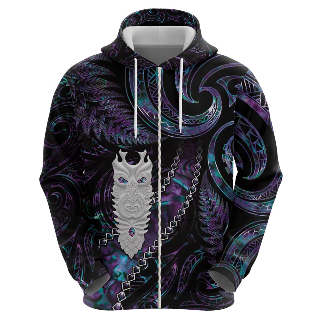 New Zealand Aotearoa Zip Hoodie Maori Tane Te Waiora Paua Shell Glitter Purple