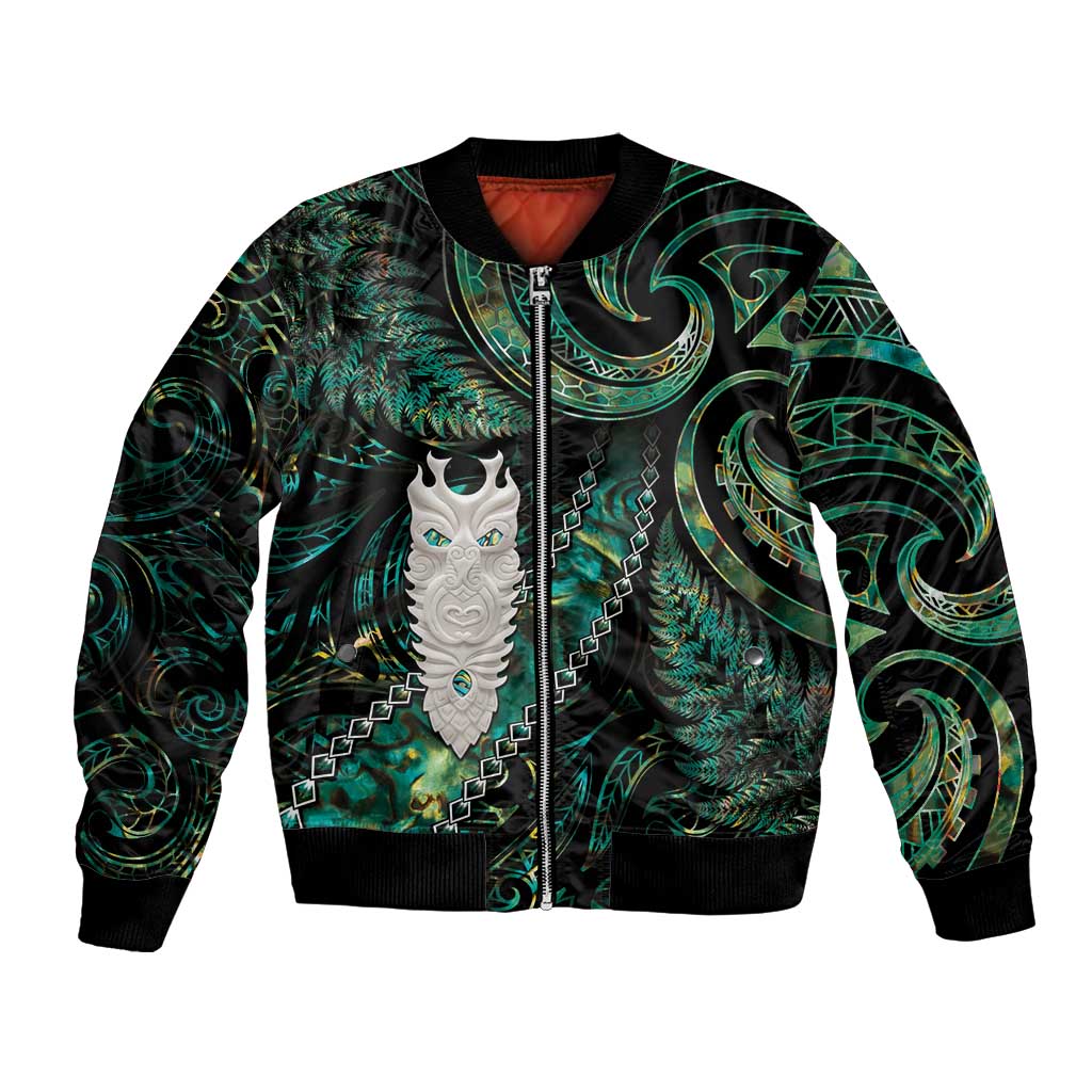 New Zealand Aotearoa Bomber Jacket Maori Tane Te Waiora Paua Shell Glitter Green