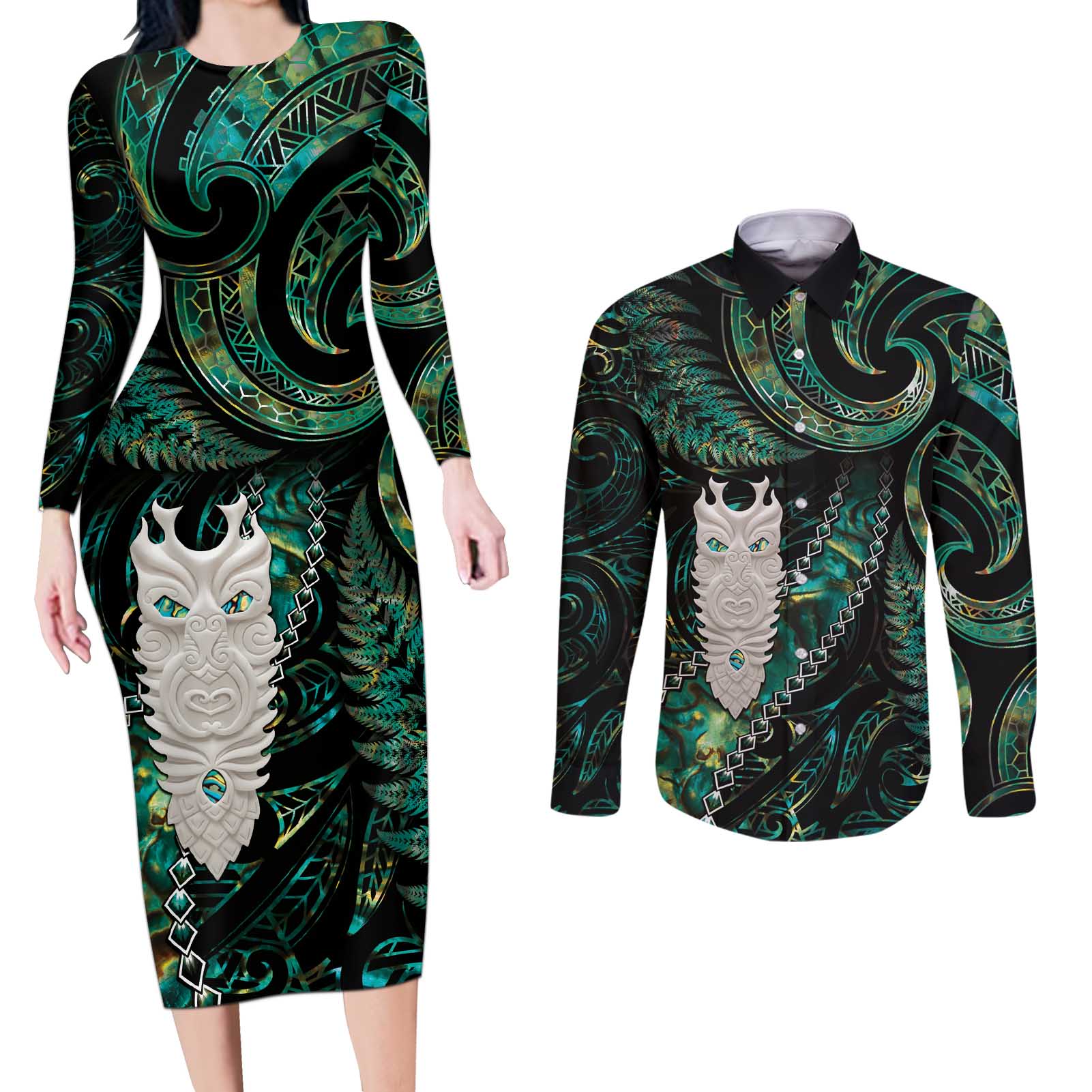 New Zealand Aotearoa Couples Matching Long Sleeve Bodycon Dress and Long Sleeve Button Shirt Maori Tane Te Waiora Paua Shell Glitter Green