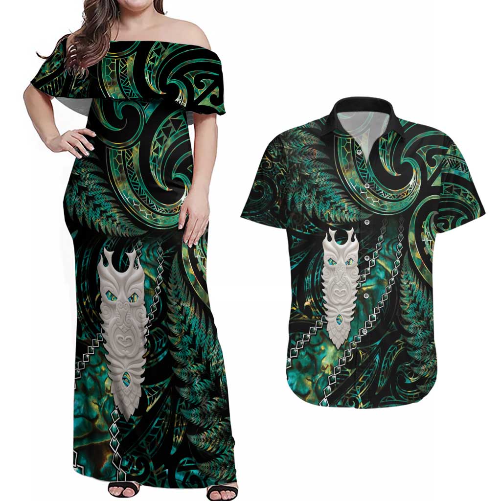 New Zealand Aotearoa Couples Matching Off Shoulder Maxi Dress and Hawaiian Shirt Maori Tane Te Waiora Paua Shell Glitter Green