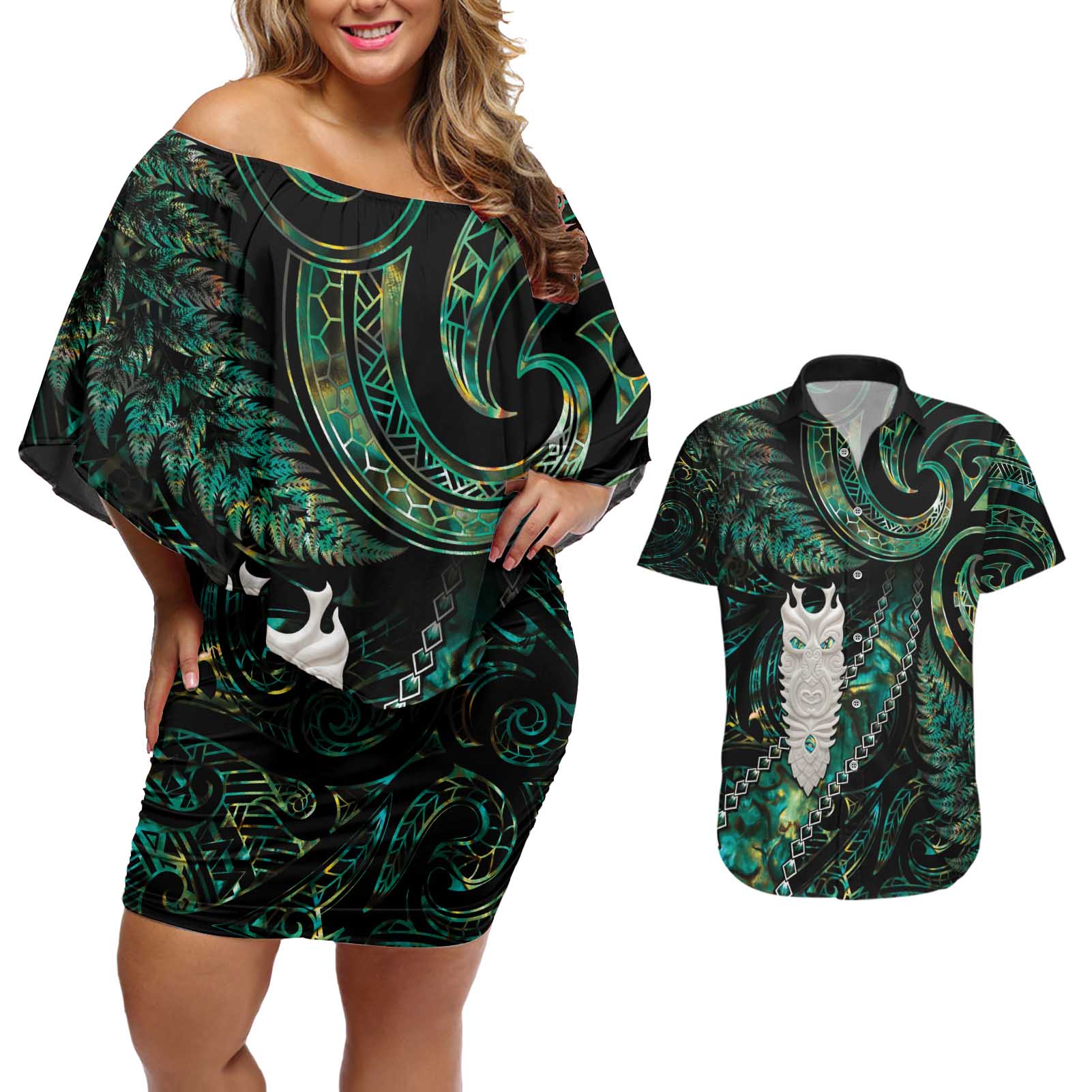 New Zealand Aotearoa Couples Matching Off Shoulder Short Dress and Hawaiian Shirt Maori Tane Te Waiora Paua Shell Glitter Green