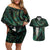 New Zealand Aotearoa Couples Matching Off Shoulder Short Dress and Hawaiian Shirt Maori Tane Te Waiora Paua Shell Glitter Green