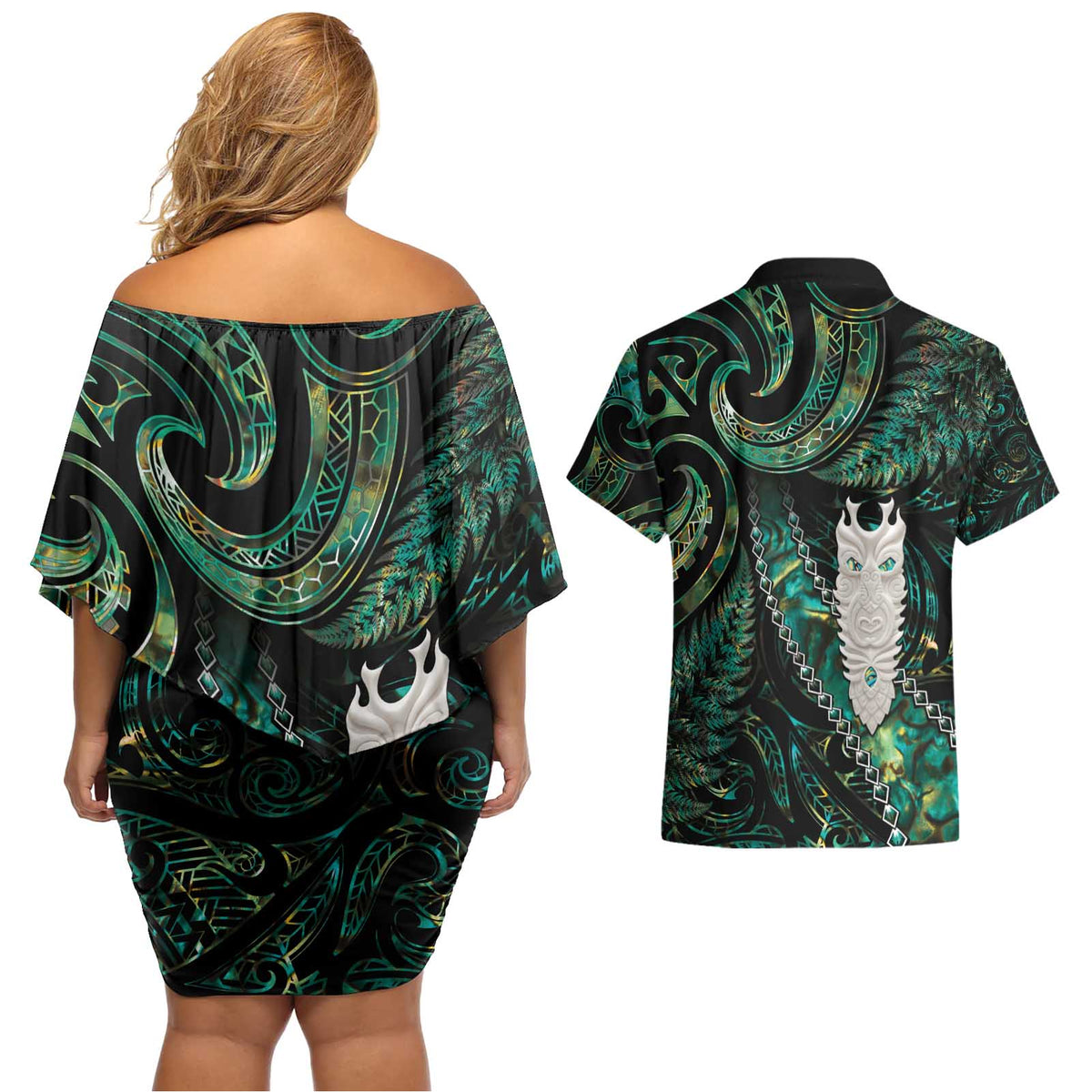 New Zealand Aotearoa Couples Matching Off Shoulder Short Dress and Hawaiian Shirt Maori Tane Te Waiora Paua Shell Glitter Green