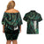 New Zealand Aotearoa Couples Matching Off Shoulder Short Dress and Hawaiian Shirt Maori Tane Te Waiora Paua Shell Glitter Green