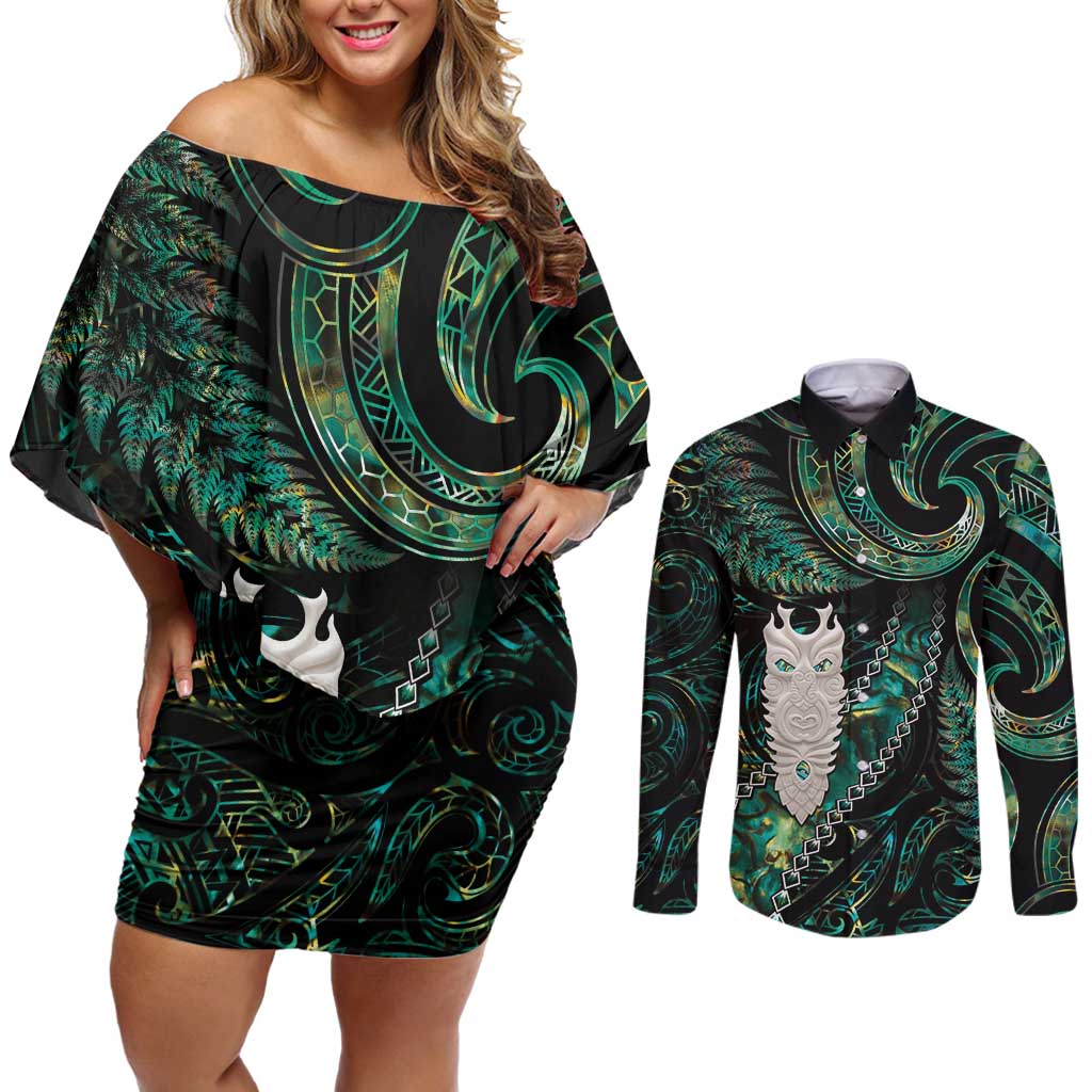 New Zealand Aotearoa Couples Matching Off Shoulder Short Dress and Long Sleeve Button Shirt Maori Tane Te Waiora Paua Shell Glitter Green