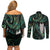 New Zealand Aotearoa Couples Matching Off Shoulder Short Dress and Long Sleeve Button Shirt Maori Tane Te Waiora Paua Shell Glitter Green