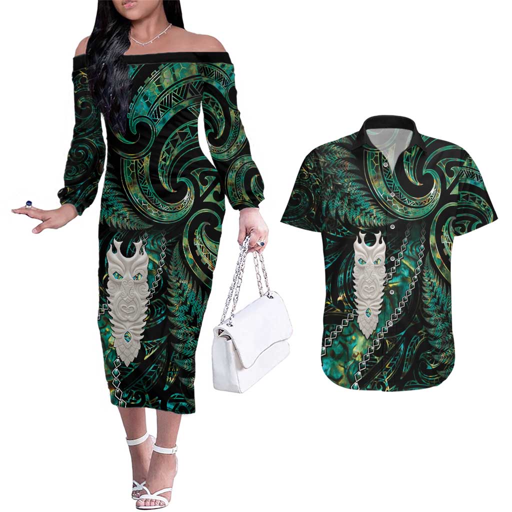 New Zealand Aotearoa Couples Matching Off The Shoulder Long Sleeve Dress and Hawaiian Shirt Maori Tane Te Waiora Paua Shell Glitter Green