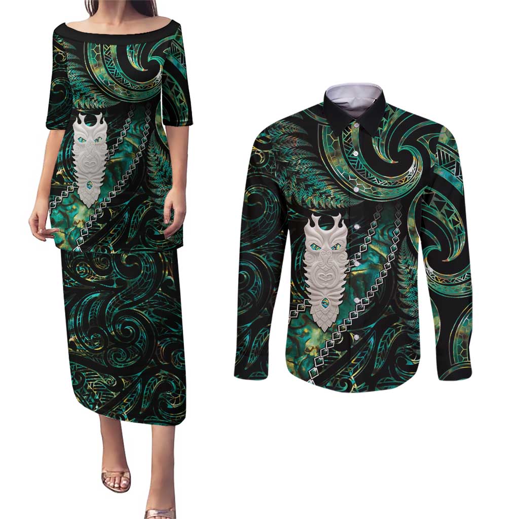 New Zealand Aotearoa Couples Matching Puletasi and Long Sleeve Button Shirt Maori Tane Te Waiora Paua Shell Glitter Green