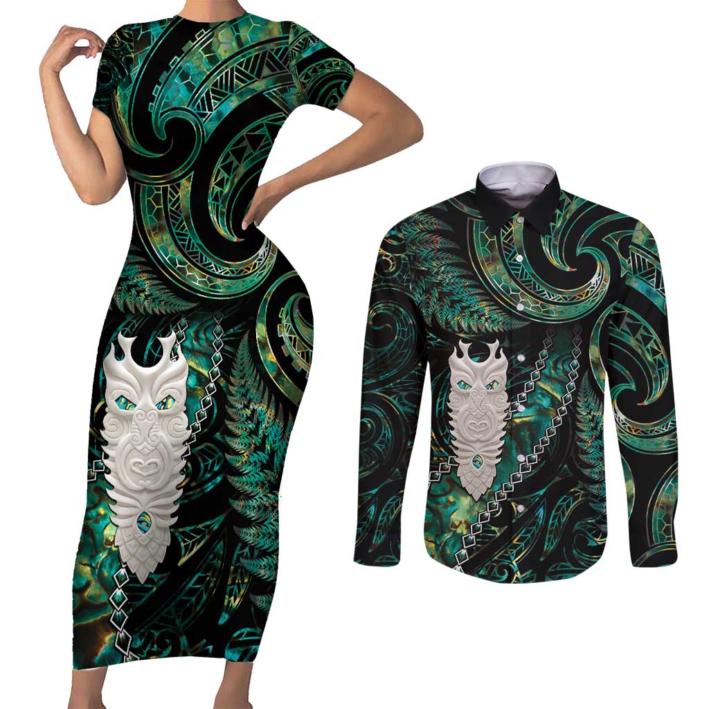 New Zealand Aotearoa Couples Matching Short Sleeve Bodycon Dress and Long Sleeve Button Shirt Maori Tane Te Waiora Paua Shell Glitter Green