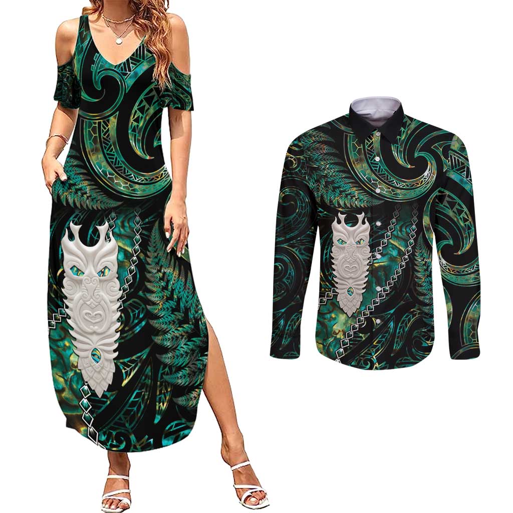 New Zealand Aotearoa Couples Matching Summer Maxi Dress and Long Sleeve Button Shirt Maori Tane Te Waiora Paua Shell Glitter Green