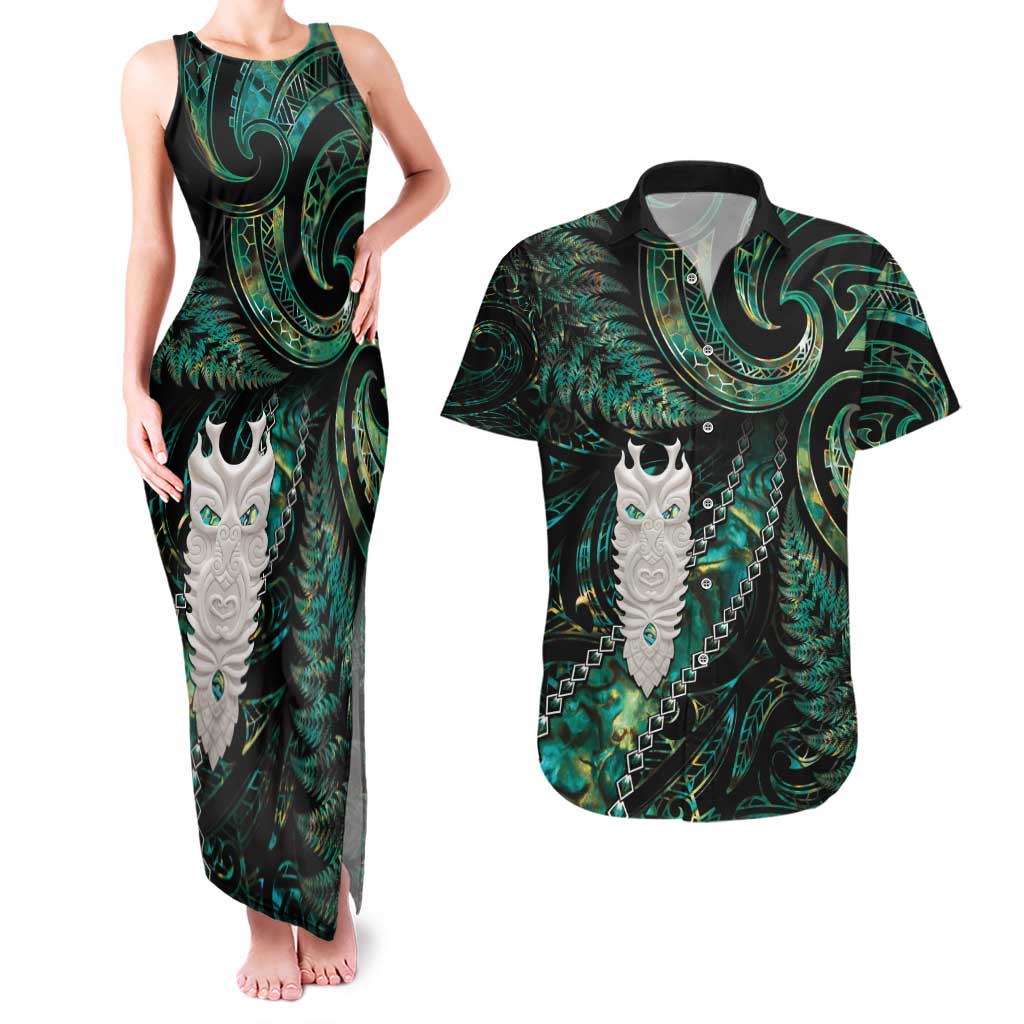 New Zealand Aotearoa Couples Matching Tank Maxi Dress and Hawaiian Shirt Maori Tane Te Waiora Paua Shell Glitter Green