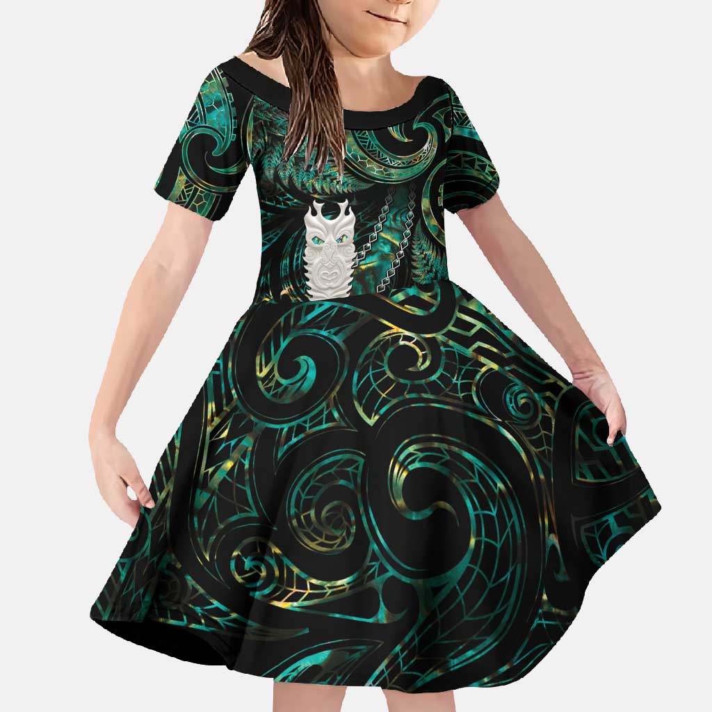 New Zealand Aotearoa Family Matching Off Shoulder Maxi Dress and Hawaiian Shirt Maori Tane Te Waiora Paua Shell Glitter Green LT05 Daughter's Dress Green - Polynesian Pride
