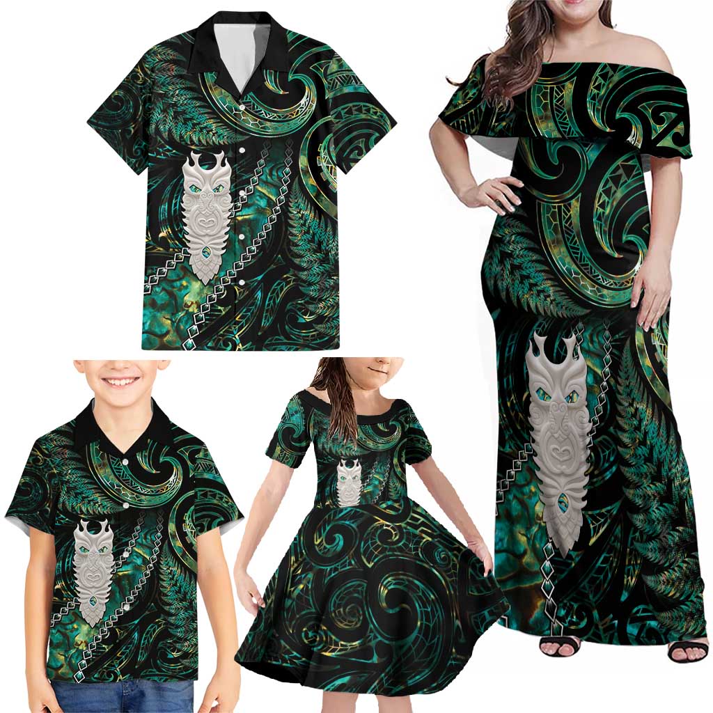 New Zealand Aotearoa Family Matching Off Shoulder Maxi Dress and Hawaiian Shirt Maori Tane Te Waiora Paua Shell Glitter Green