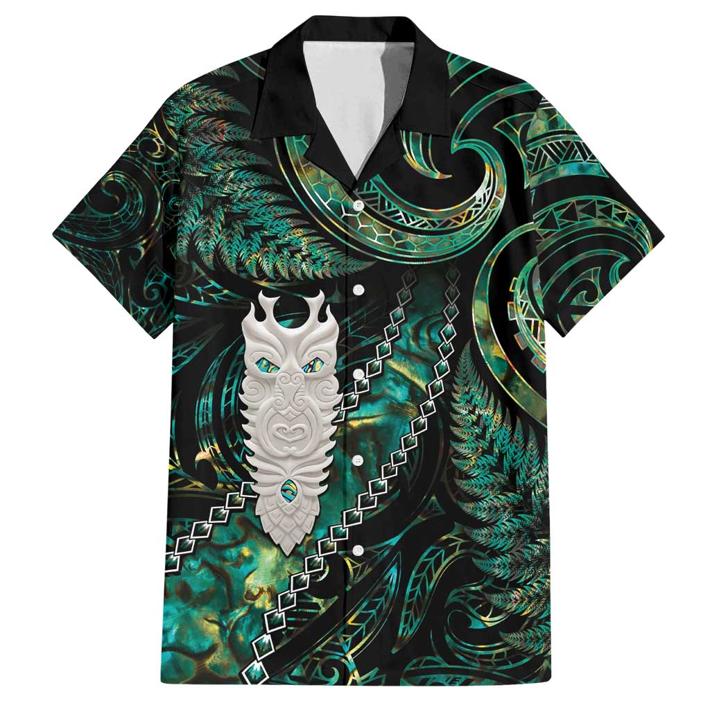 New Zealand Aotearoa Family Matching Off Shoulder Maxi Dress and Hawaiian Shirt Maori Tane Te Waiora Paua Shell Glitter Green LT05 Dad's Shirt - Short Sleeve Green - Polynesian Pride