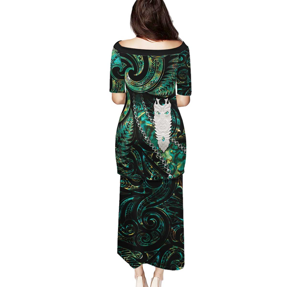 New Zealand Aotearoa Family Matching Puletasi and Hawaiian Shirt Maori Tane Te Waiora Paua Shell Glitter Green