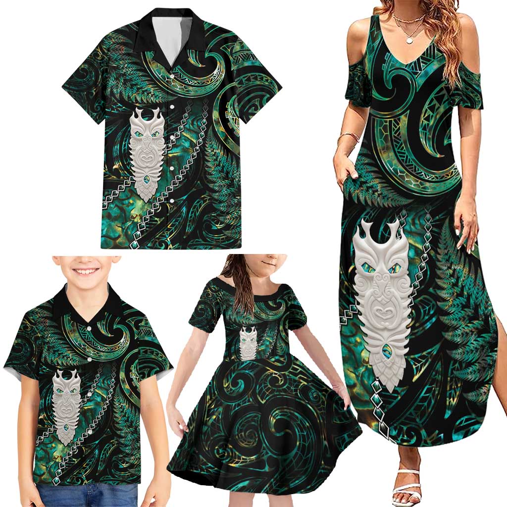 New Zealand Aotearoa Family Matching Summer Maxi Dress and Hawaiian Shirt Maori Tane Te Waiora Paua Shell Glitter Green LT05 - Polynesian Pride