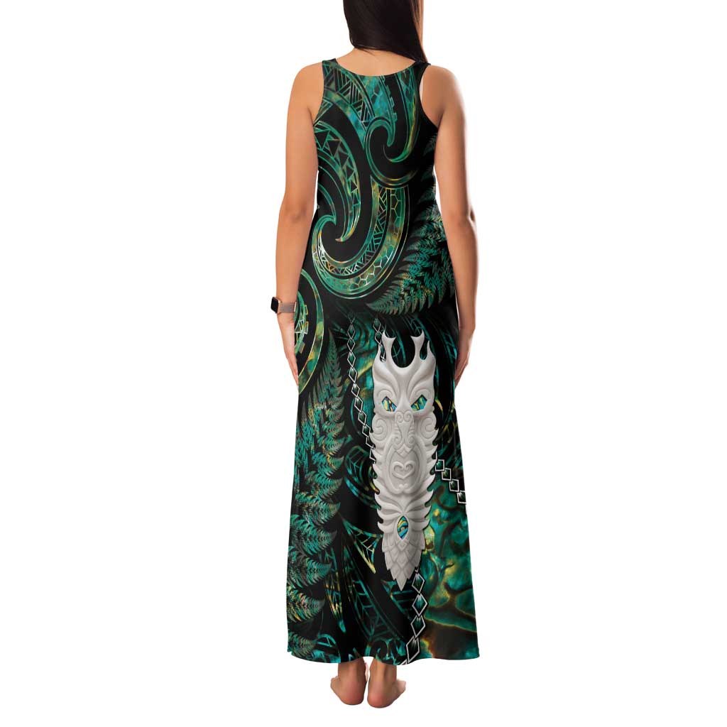 New Zealand Aotearoa Family Matching Tank Maxi Dress and Hawaiian Shirt Maori Tane Te Waiora Paua Shell Glitter Green